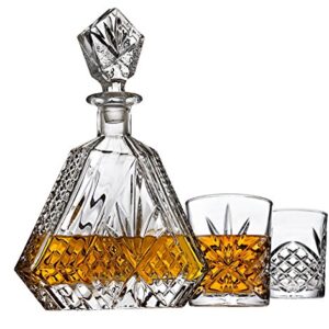 Whiskey Decanter Set with 2 Old Fashioned Whisky Glasses for Liquor Scotch Bourbon or Wine - Irish Cut Triangular Clear