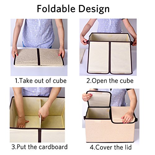 senbowe Larger Storage Cubes [4-Pack] Linen Fabric Foldable Collapsible Storage Cube Bin Organizer Basket with Lid, Handles, Removable Divider For Home, Nursery, Closet - (16.5 x 11.8 x 9.8”)