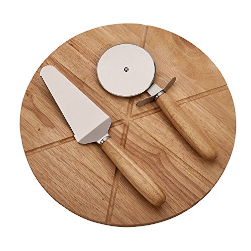 Creative Gifts International Round, Wood Pizza Board with Server and Pizza Cutter & Server