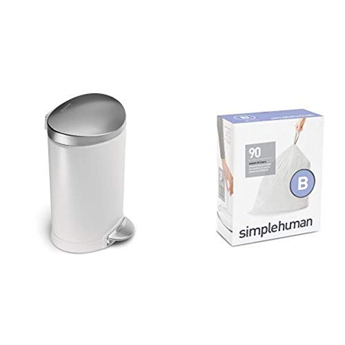 simplehuman 6 litre semi-round step can white steel | stainless steel lid + code B 90 pack liners