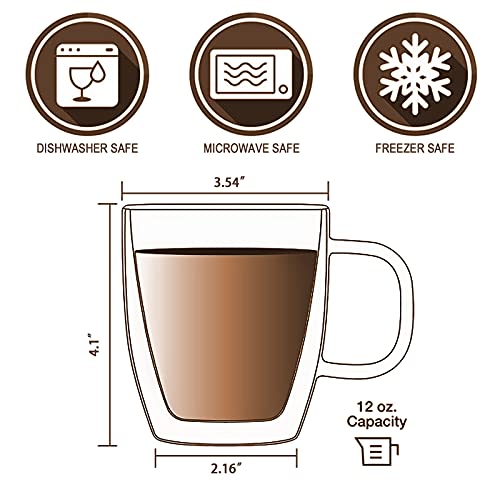 Glass Coffee Mug, Double Wall Insulated Glass Cup 12 Oz Heat-resistant Clear Coffee Mug for Tea Coffee Latte Espresso Cappuccino and Beverage, Set of 1 (Round)