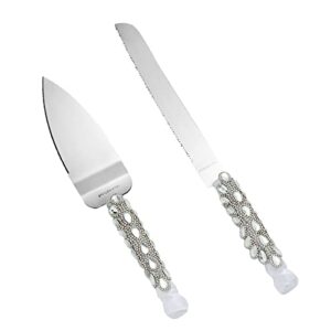 stainless steel wedding cake knife and server set for cake cutting ceremony, embellished with faux crystals, diamonds, ribbon