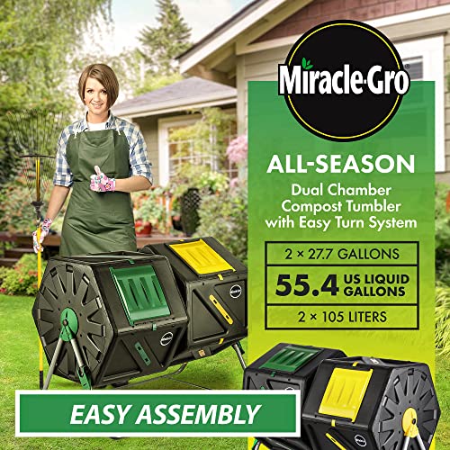 Miracle-Gro Large Dual Chamber Compost Tumbler – Easy-Turn, Fast-Working System – All-Season, Heavy-Duty, High Volume Composter with 2 Sliding Doors - (2 – 27.7gallon /105 Liter), Black