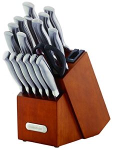 farberware 18-piece forged stainless steel kitchen knife set with wood block, high-carbon stainless steel knives, razor sharp knife set with ergonomic handles, cherry block