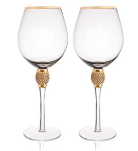 trinkware gold rimmed wine glasses set of 2 - rhinestone champagne flutes "diamond" studded - long stem, 16oz, 10-inches tall – elegant glassware and stemware