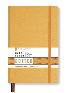 minimalism art, premium hard cover notebook journal, classic 5" x 8.3", 122 numbered pages, gusseted pocket, ribbon bookmark, extra thick ink-proof paper 120gsm, san francisco (dotted, amber yellow)