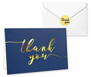100 thank you cards in navy blue with envelopes and stickers - bulk notes embossed with gold foil letters for weddings, graduations, engagements, business, formal, 4x6 inch