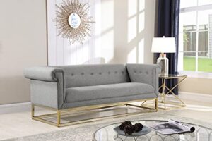 iconic home palmira sofa button tufted linen-textured plush cushion brass finished brushed metal base frame, modern transitional, grey