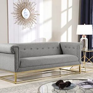 Iconic Home Palmira Sofa Button Tufted Linen-Textured Plush Cushion Brass Finished Brushed Metal Base Frame, Modern Transitional, Grey