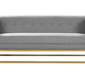 Iconic Home Palmira Sofa Button Tufted Linen-Textured Plush Cushion Brass Finished Brushed Metal Base Frame, Modern Transitional, Grey