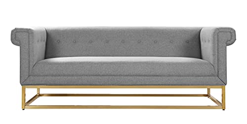 Iconic Home Palmira Sofa Button Tufted Linen-Textured Plush Cushion Brass Finished Brushed Metal Base Frame, Modern Transitional, Grey