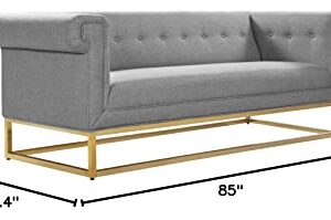 Iconic Home Palmira Sofa Button Tufted Linen-Textured Plush Cushion Brass Finished Brushed Metal Base Frame, Modern Transitional, Grey