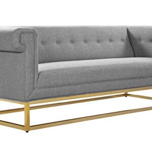 Iconic Home Palmira Sofa Button Tufted Linen-Textured Plush Cushion Brass Finished Brushed Metal Base Frame, Modern Transitional, Grey