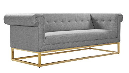 Iconic Home Palmira Sofa Button Tufted Linen-Textured Plush Cushion Brass Finished Brushed Metal Base Frame, Modern Transitional, Grey