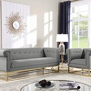 Iconic Home Palmira Sofa Button Tufted Linen-Textured Plush Cushion Brass Finished Brushed Metal Base Frame, Modern Transitional, Grey