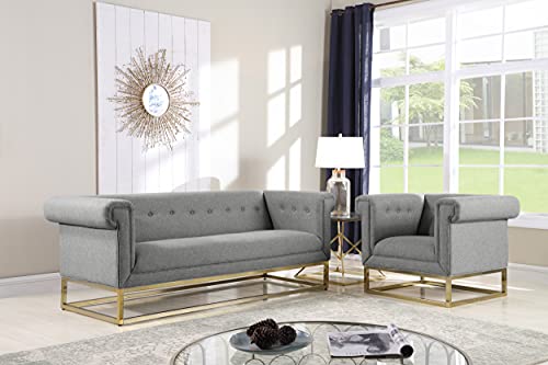 Iconic Home Palmira Sofa Button Tufted Linen-Textured Plush Cushion Brass Finished Brushed Metal Base Frame, Modern Transitional, Grey