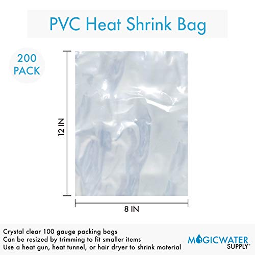 8x12 inch Odorless, Clear, 100 Guage, PVC Heat Shrink Wrap Bags for Gifts, Packagaing, Homemade DIY Projects, Bath Bombs, Soaps, and Other Merchandise (200 Pack) | MagicWater Supply