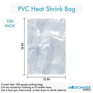 12x16 inch Odorless, Clear, 100 Guage, PVC Heat Shrink Wrap Bags for Gifts, Packagaing, Homemade DIY Projects, Bath Bombs, Soaps, and Other Merchandise (100 Pack) | MagicWater Supply
