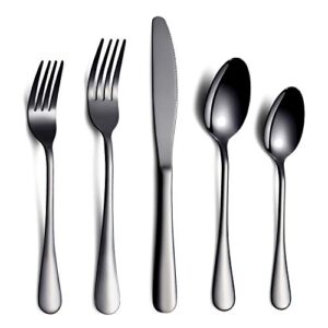 black flatware set 20 piece service for 4, black titanium plated stainless steel silverware set service for 4 (shiny, black)