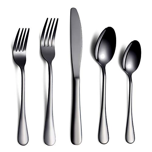 Black Flatware Set 20 Piece Service for 4, Black Titanium Plated Stainless Steel Silverware set Service for 4 (Shiny, Black)