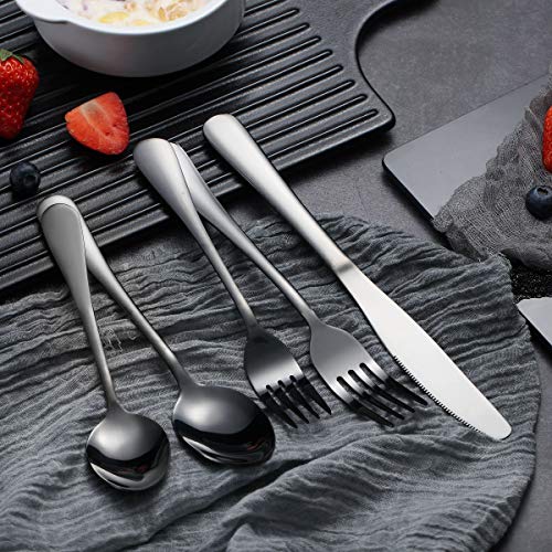 Black Flatware Set 20 Piece Service for 4, Black Titanium Plated Stainless Steel Silverware set Service for 4 (Shiny, Black)