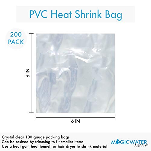 6x6 inch Odorless, Clear, 100 Guage, PVC Heat Shrink Wrap Bags for Gifts, Packagaing, Homemade DIY Projects, Bath Bombs, Soaps, and Other Merchandise (200 Pack) | MagicWater Supply