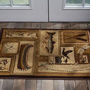 Trout Fishing Novelty Lodge Pattern Ivory Scatter Mat Rug, 2' x 3'