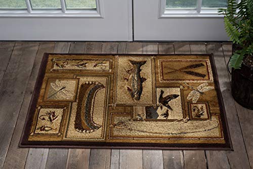 Trout Fishing Novelty Lodge Pattern Ivory Scatter Mat Rug, 2' x 3'