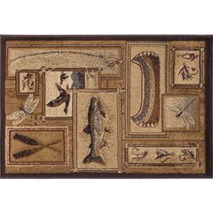 Trout Fishing Novelty Lodge Pattern Ivory Scatter Mat Rug, 2' x 3'