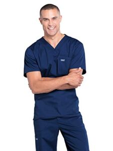 cherokee scrubs for men v-neck top, workwear professionals soft stretch ww675, l, navy