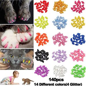 JOYJULY 140pcs Pet Cat Kitty Soft Claws Caps Control Soft Paws of 4 Glitter Colors, 10 Colorful Cat Nail Caps Covers + 7 Adhesive Glue+7 Applicator with Instruction, Medium M