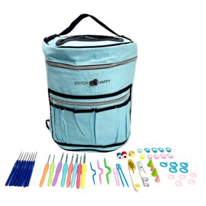 designer stitch happy crocheting kit: 52 piece crochet kit for beginners & 7 pocket yarn bag, signature yarn storage - angel