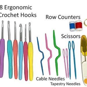 Designer Stitch Happy Crocheting Kit: 52 Piece Crochet Kit for Beginners & 7 Pocket Yarn Bag, Signature Yarn Storage - Angel