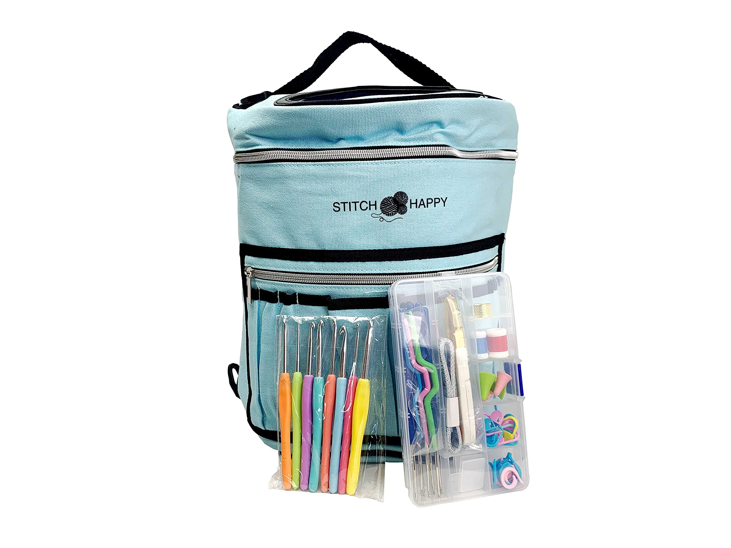 Designer Stitch Happy Crocheting Kit: 52 Piece Crochet Kit for Beginners & 7 Pocket Yarn Bag, Signature Yarn Storage - Angel