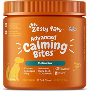 zesty paws calming chews for dogs - composure & relaxation for everyday stress & separation - with ashwagandha, organic chamomile, l-theanine & l-tryptophan – turkey melatonin - 90 count