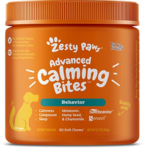 Zesty Paws Calming Chews for Dogs - Composure & Relaxation for Everyday Stress & Separation - with Ashwagandha, Organic Chamomile, L-Theanine & L-Tryptophan – Turkey Melatonin - 90 Count