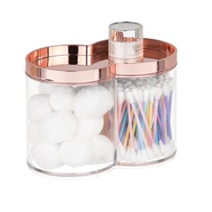 mdesign plastic canister jar organizer set with storage lid - home decor holder for bathroom/restroom vanity countertop, cabinet - holds cotton balls, soap - lumiere collection - clear/rose gold