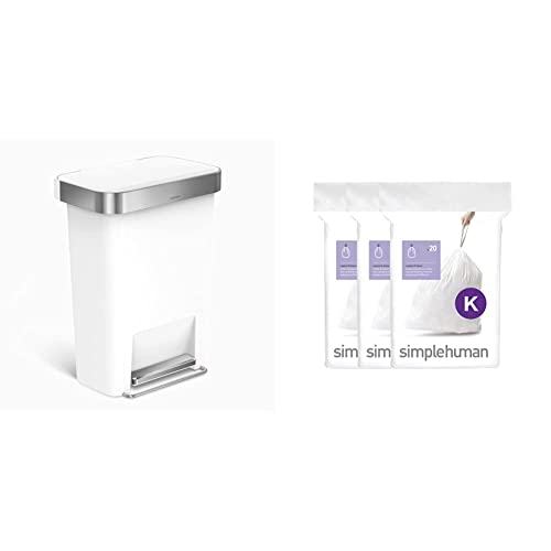 simplehuman 45 litre rectangular step can white plastic + code K 60 pack liners