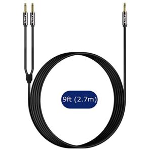 J&D Airplane Airline Flight Cable for Headphones, 3.5mm 1/8 inch TRS Male to Dual 3.5mm 1/8 inch TS Male Gold Plated Copper Shell Heavy Duty, 9 Feet