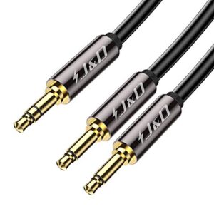 j&d airplane airline flight cable for headphones, 3.5mm 1/8 inch trs male to dual 3.5mm 1/8 inch ts male gold plated copper shell heavy duty, 9 feet