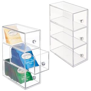 mdesign plastic kitchen pantry stackable storage organizer container station with 3 drawers for cabinet, countertop, holds coffee, tea, sugar packets, creamers - lumiere collection - 2 pack - clear