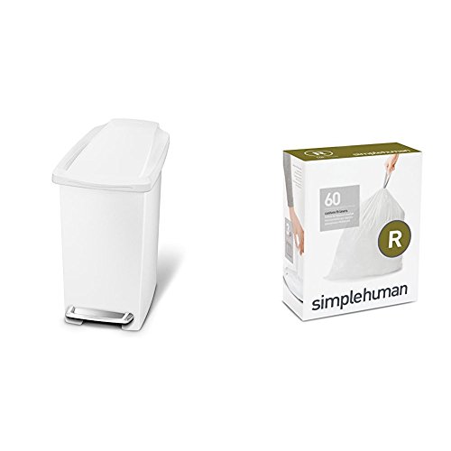 simplehuman 10 litre slim step can white plastic + code R 60 pack liners