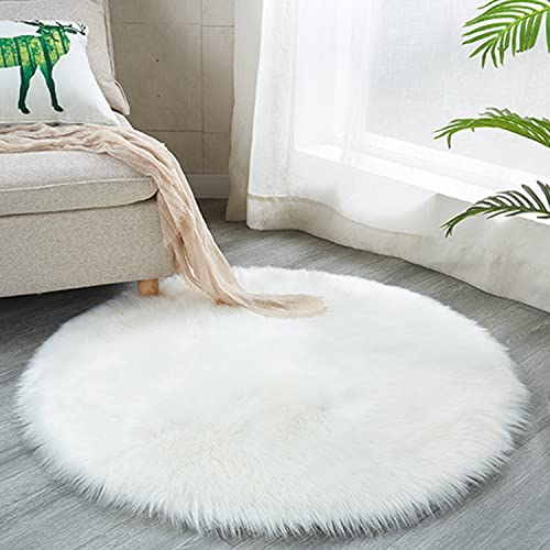 Round Faux Fur Sheepskin Rugs, Soft Shaggy Area Rug Home Decorative Bedroom Fluffy Carpet Rug, Diameter 2 Feet, White