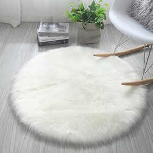 Round Faux Fur Sheepskin Rugs, Soft Shaggy Area Rug Home Decorative Bedroom Fluffy Carpet Rug, Diameter 2 Feet, White