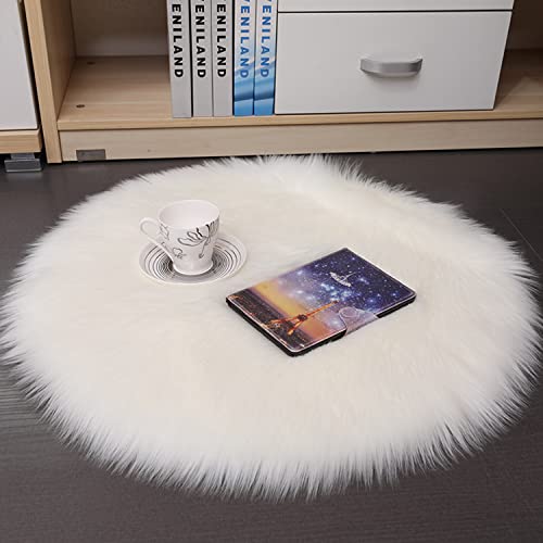 Round Faux Fur Sheepskin Rugs, Soft Shaggy Area Rug Home Decorative Bedroom Fluffy Carpet Rug, Diameter 2 Feet, White