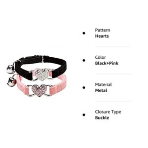 CHUKCHI Pink Soft Velvet Safe Cat Adjustable Collar with Crystal Heart Charm and Bells 8-11 Inches(Black+Pink)