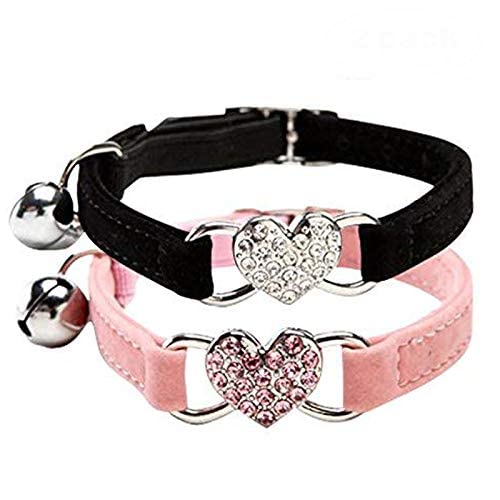 CHUKCHI Pink Soft Velvet Safe Cat Adjustable Collar with Crystal Heart Charm and Bells 8-11 Inches(Black+Pink)