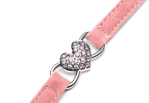 CHUKCHI Pink Soft Velvet Safe Cat Adjustable Collar with Crystal Heart Charm and Bells 8-11 Inches(Black+Pink)