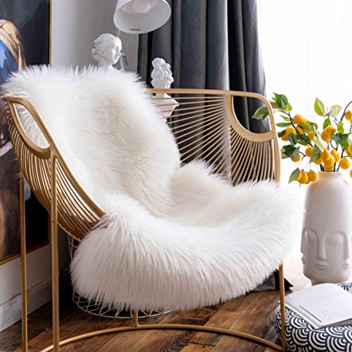 Super Soft Premium Faux Sheepskin Fur Sofa Chair Cover Plush Seat Cushion Pad Shaggy Area Rugs for Bedroom Floor, 2ft x 3ft, White