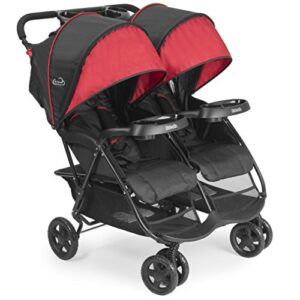 kolcraft cloud plus side-by-side lightweight double baby stroller and toddler stroller with reclining seats, child and parent trays, large storage, extendable canopies, compact fold - red/black